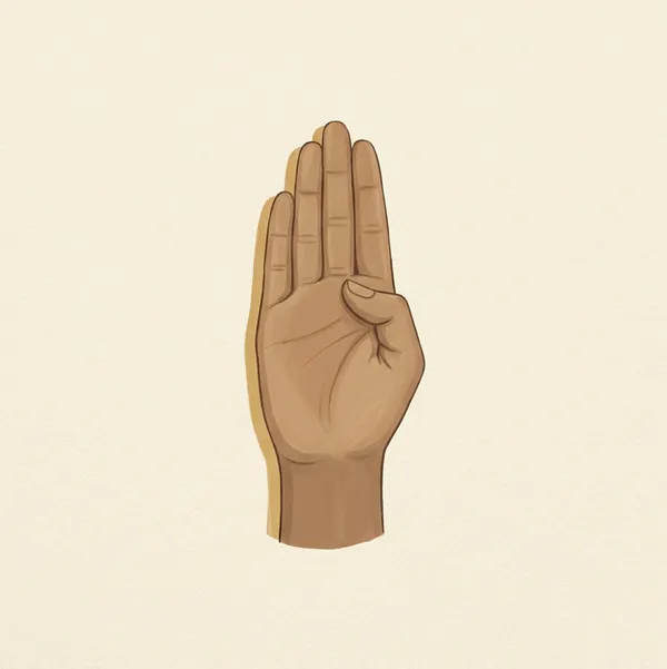 A single hand held upright in Pataka hasta, fingers straight and together, thumb folded in.