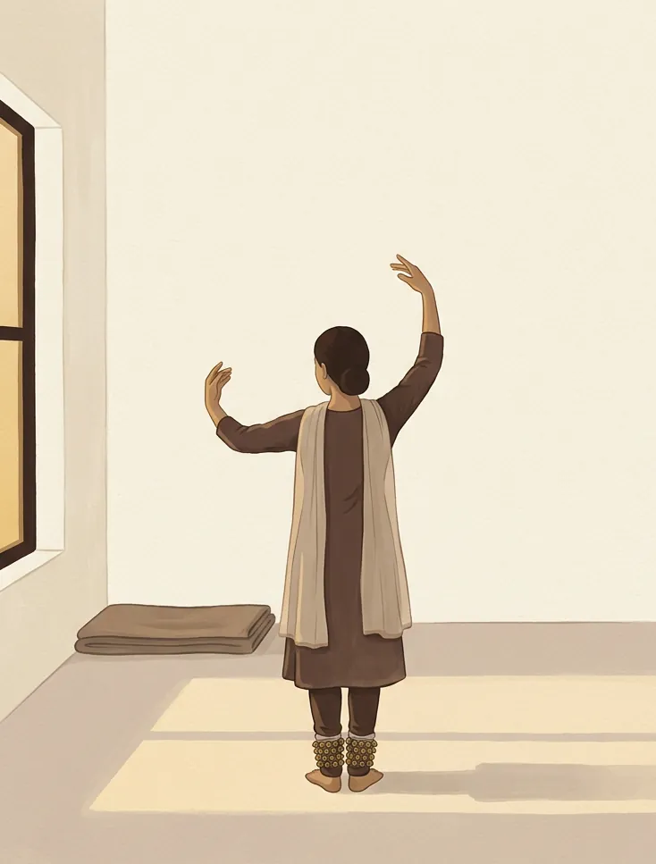 A Kathak student practising alone at home, seen from behind, arms raised in a hasta, ghunghroo at both ankles, evening light from one window across the floor.